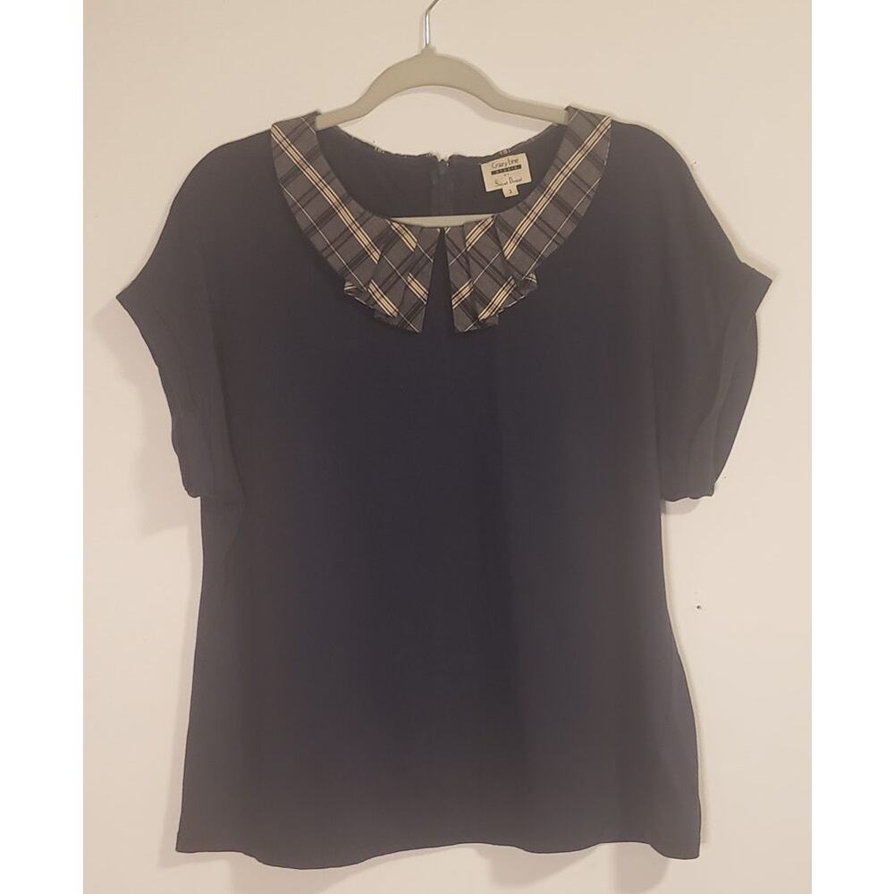 Crazy Line Studio-Navy short sleeve top plaid collar Size 2 Large Preloved Good